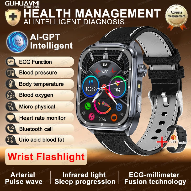 New Accurate Blood Pressure Smart Watch Uric Acid ECG+PPG Blood Oxygen Body Analysis Body Fat LED Flashlight smart watches 2025 Starlight Leather Heart Health Watch CHINA