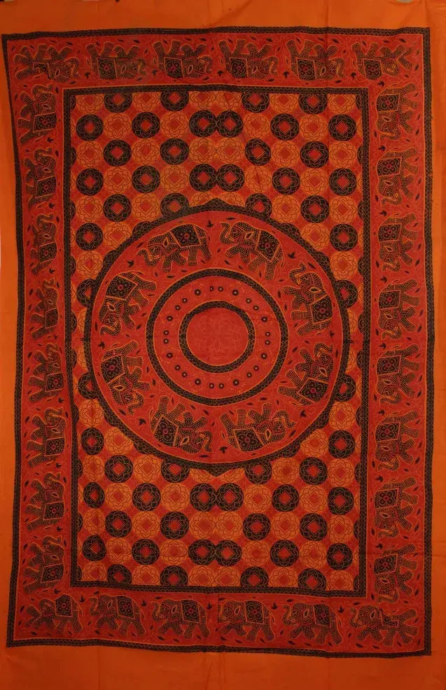 Saffron & Red Folk Style Bagru Elephant Mandala Tapestry Wild Lotus