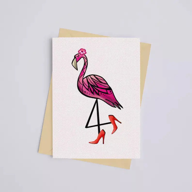 Sassy Flamingo with Heels Greeting Card Black Cat Bazaar