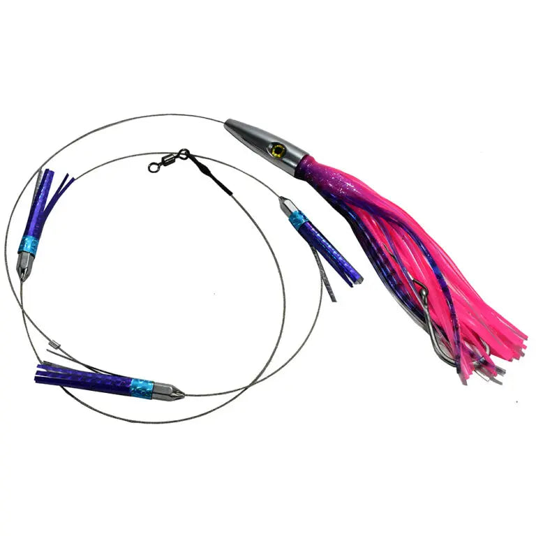 Pink and purple squid lure with metallic silver head, perfect for deep-sea fishing. Durable wire and colorful skirts.