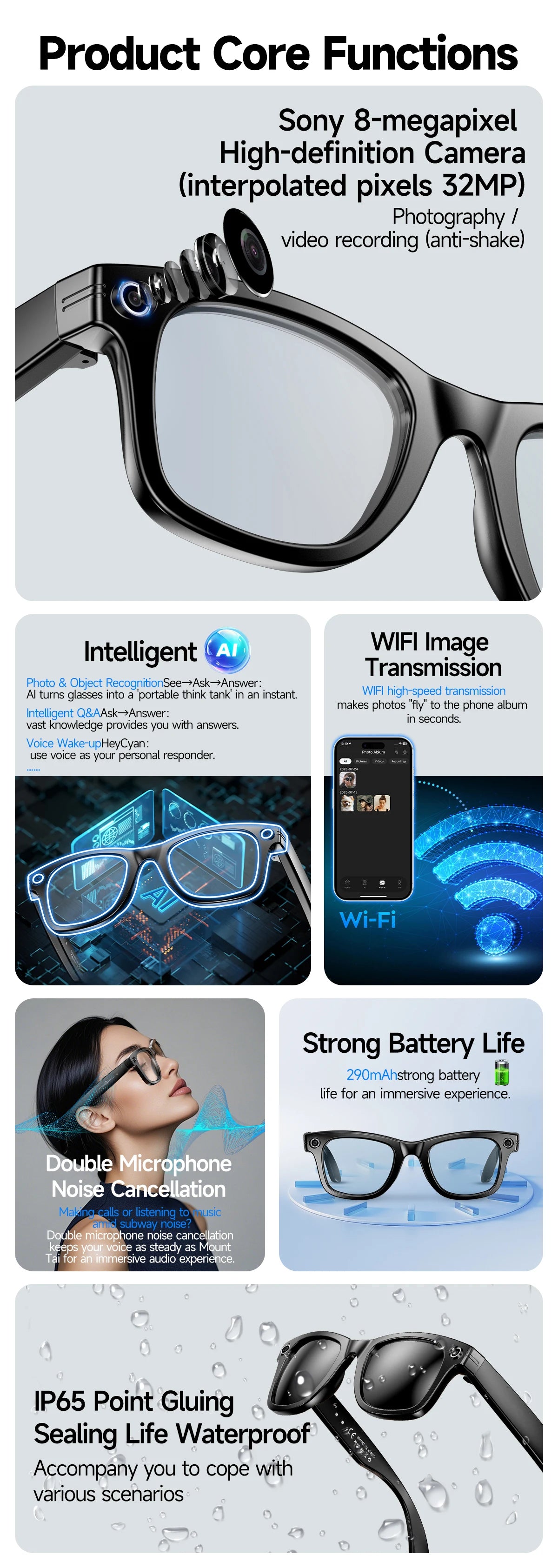 New Smart Glasses 8MP HD Camera AI Glasses Camera Photo Video Recording Translation Waterproof Anti-blue Camera Glasses Man Wome