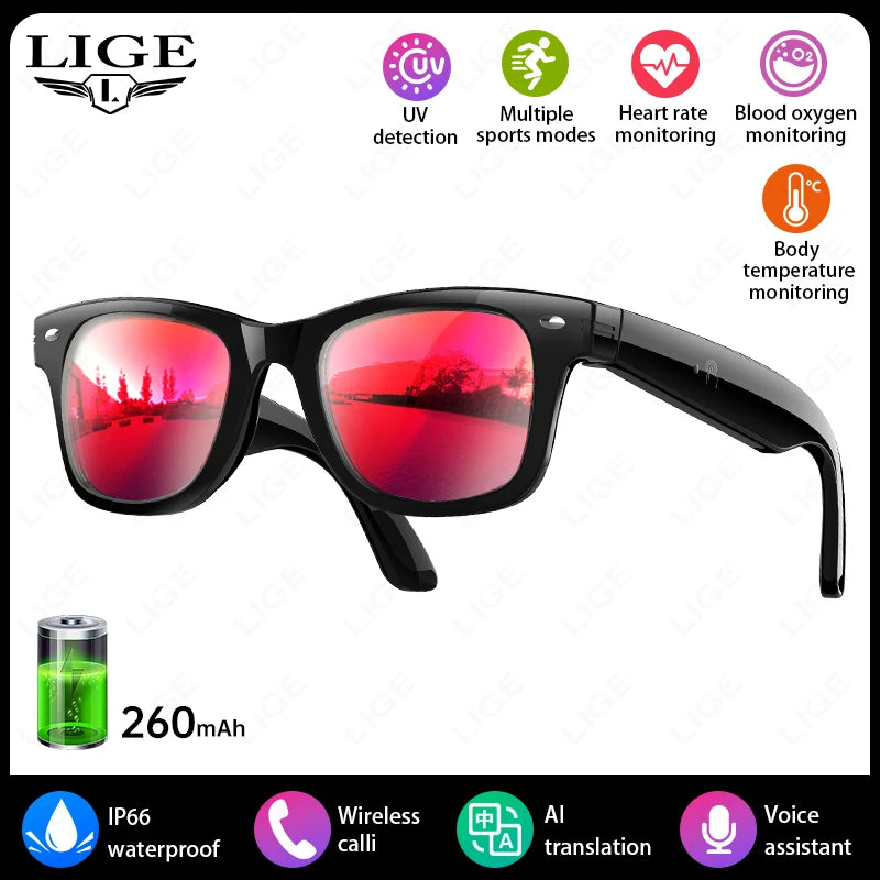 LIGE AI Smart Glasses Men 2025 New Color-Changing Translation Glasses Temperature Monitoring Waterproof Call Smart Sunglasses Red