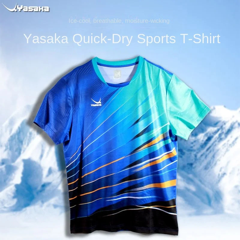 YASAKA Table Tennis Training Competition Sports Uniform, Quick Drying Round Neck T-shirt, Short Sleeved - blue / L