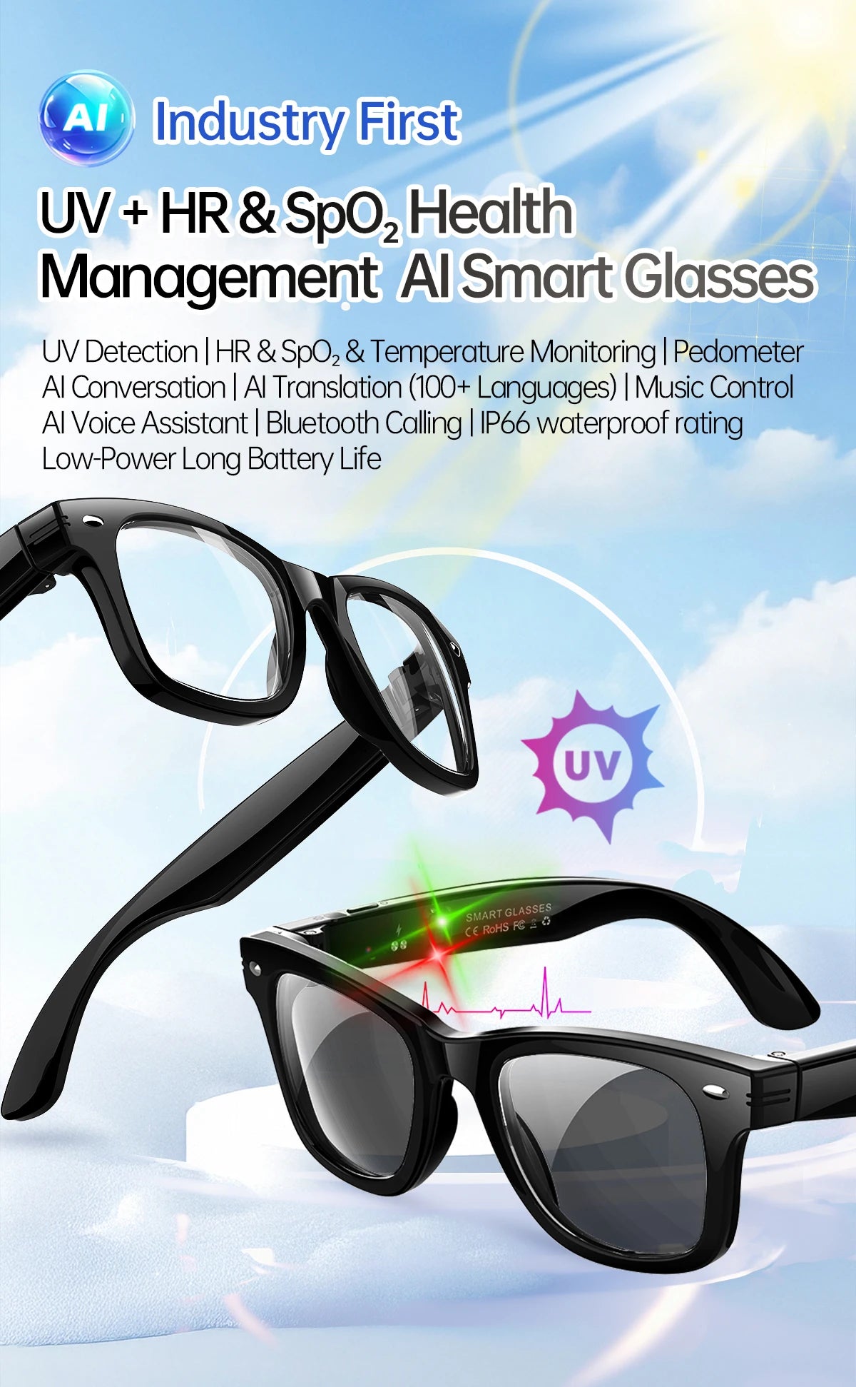 LIGE AI Smart Glasses Men 2025 New Color-Changing Translation Glasses Temperature Monitoring Waterproof Call Smart Sunglasses