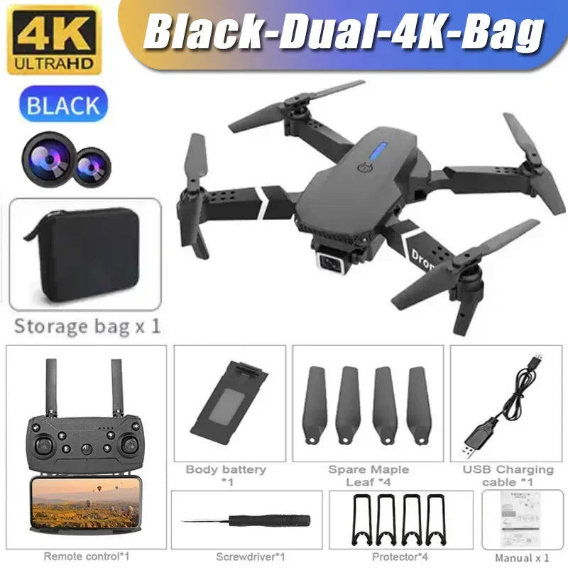 E88 NEW Professional Wide Angle RC Dron HD 4K Camera Mode Foldable Helicopter Aircraft Quadcopter Drone Kid Gift Toys Black-Dual-4K