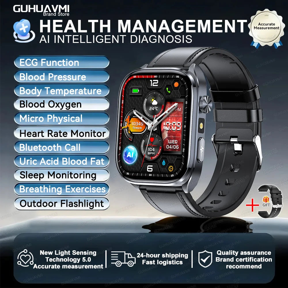 Body Composition analysis Monitoring Smart Watch Men ECG Heart Rate Blood pressure Uric Acid Health Tracker Smartwatches 2025New Black Leather Sports Health Watch