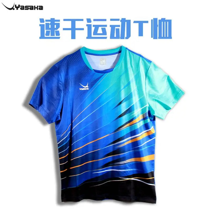 YASAKA Table Tennis Training Competition Sports Uniform, Quick Drying Round Neck T-shirt, Short Sleeved - blue / L