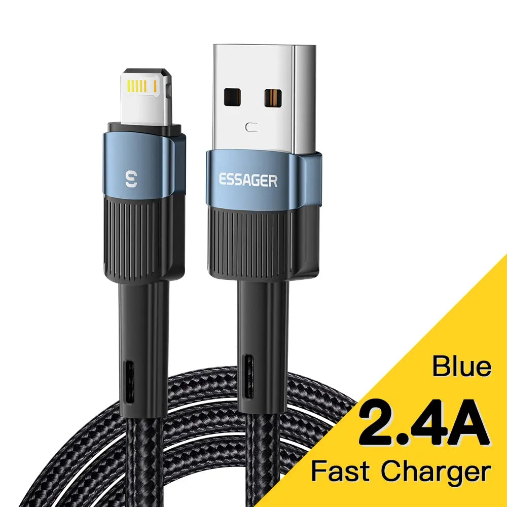 Essager Fast Charging For iPhone Usb Cable 11 12 13 Pro Max Mini Xs Xr X SE 8 7 6 Plus 6s 5 5s 2.4A Wire For iPhone Charger Cord 2m Blue