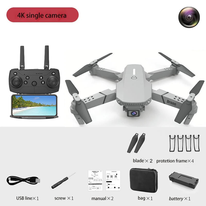Hot-Selling E88 Smart Drone, One-Click Takeoff, Dual Camera with Stunts, Perfect for Beginners- Ideal Birthday and Holiday Gift 4K single camera 1
