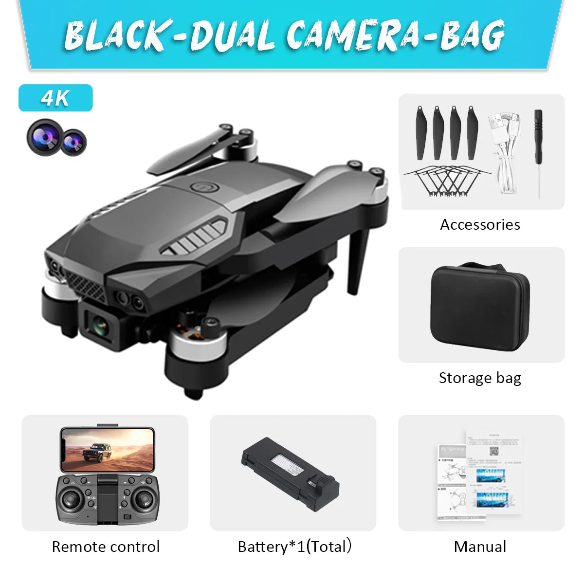 New F198 Drone Professional Dual Camera With 1080P WIFI FPV HD Aerial Photography Wide Angle Brushless RC Foldable Quadcopter Black-DC-4K-1B