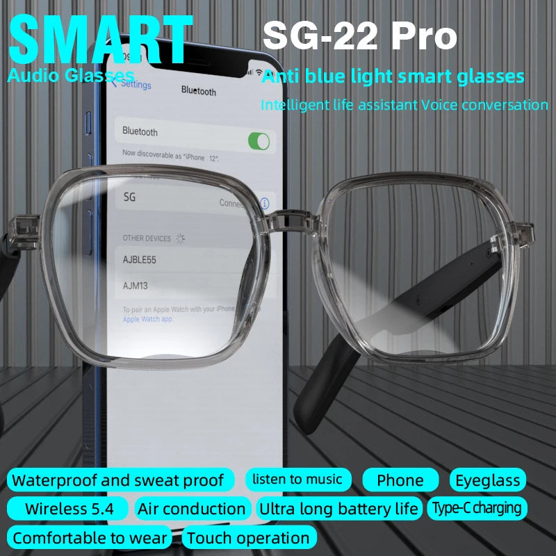 SG22 Transparent Smart Glasses With Bluetooth 5.4 Open-Ear Audio, Voice Assistant, Type-C Charging, Lightweight And Comfortable