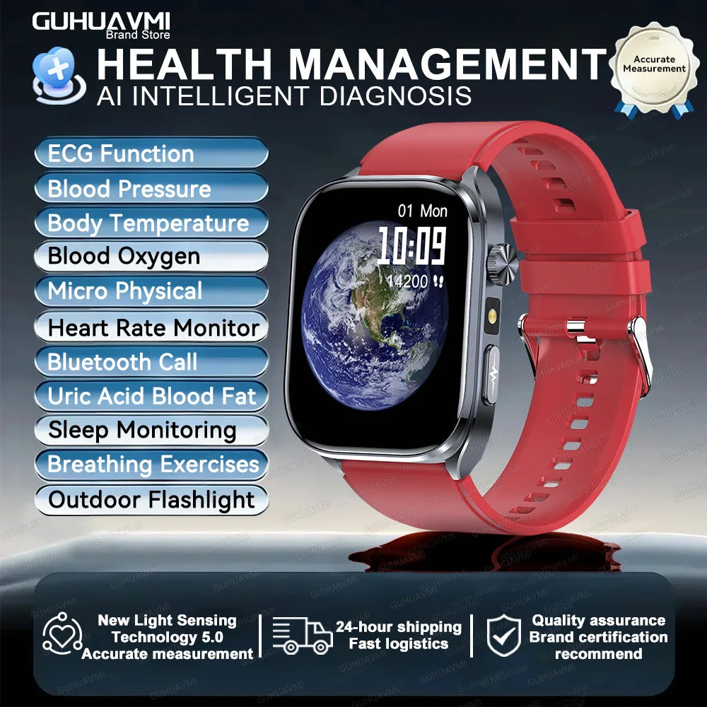Body Composition analysis Monitoring Smart Watch Men ECG Heart Rate Blood pressure Uric Acid Health Tracker Smartwatches 2025New Red Sports Health Watch
