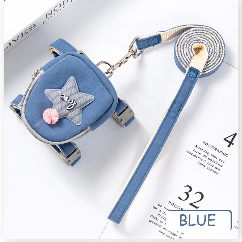 Pet Cute Dog Cat Harness with backpack Medium small Dog Lead Walking Running training Leashes Dogs Chest Strap star pattern Vest Blue