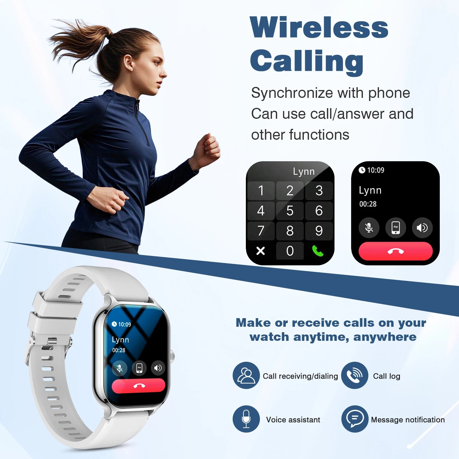 Smart watch, wireless calling, customizable dial, remote photography, multiple sports modes, suitable for iPhone/Android