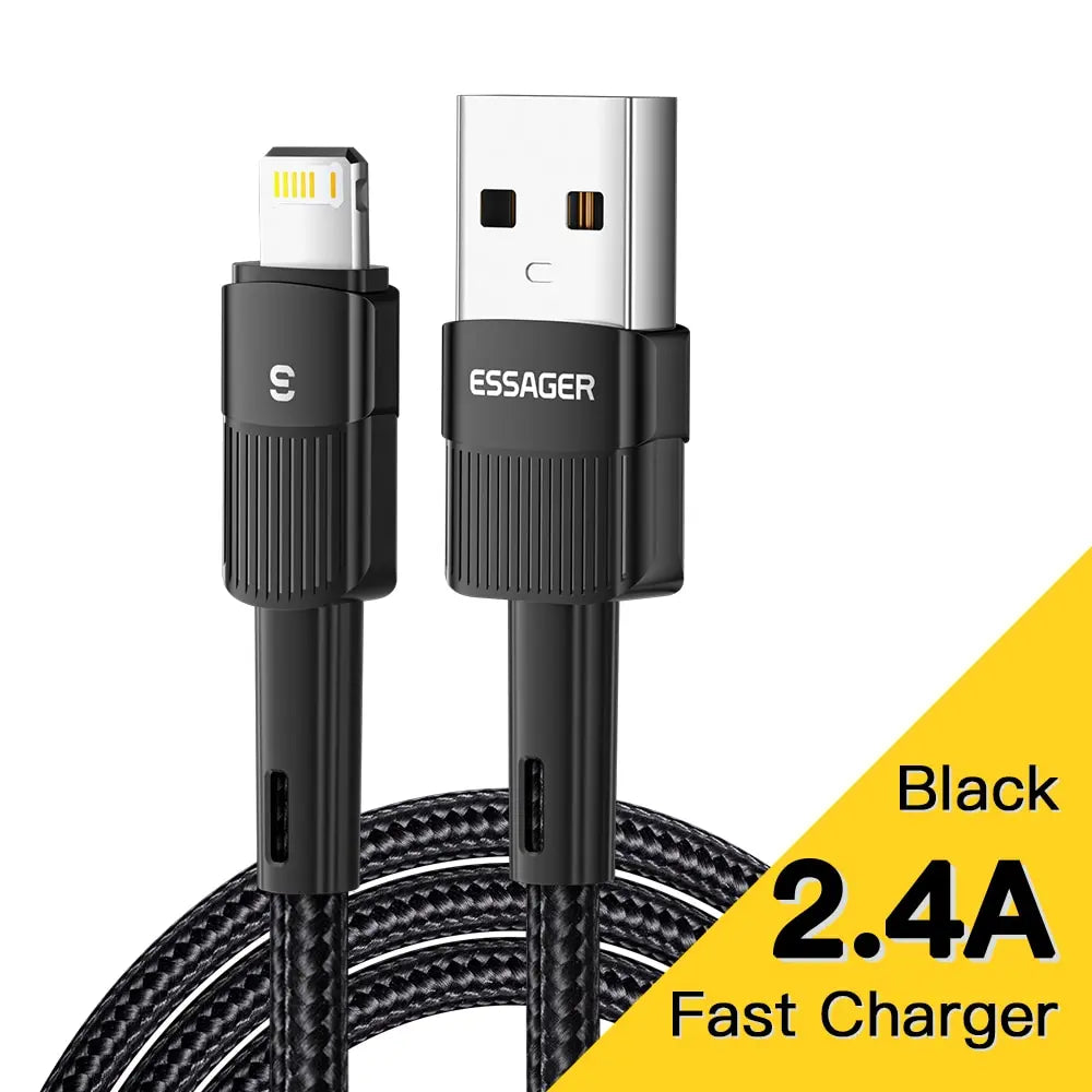 Essager Fast Charging For iPhone Usb Cable 11 12 13 Pro Max Mini Xs Xr X SE 8 7 6 Plus 6s 5 5s 2.4A Wire For iPhone Charger Cord Black