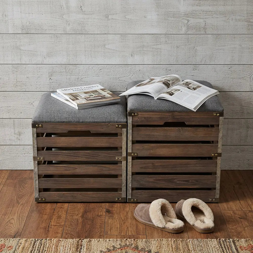 Set Of 2 Square Gray Linen Fabric And Wood Slats Storage Benches Homeroots Living Room