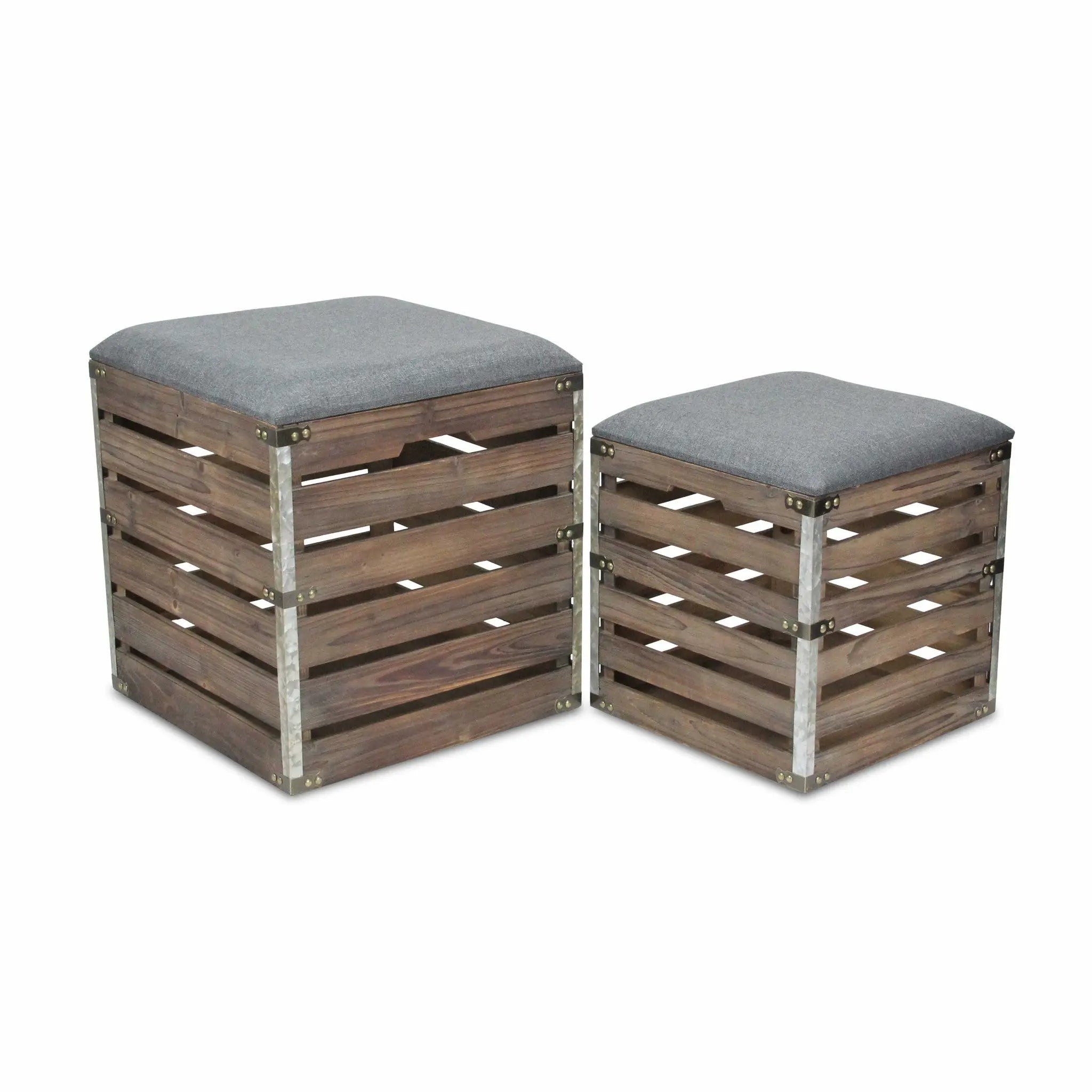 Set Of 2 Square Gray Linen Fabric And Wood Slats Storage Benches Homeroots Living Room