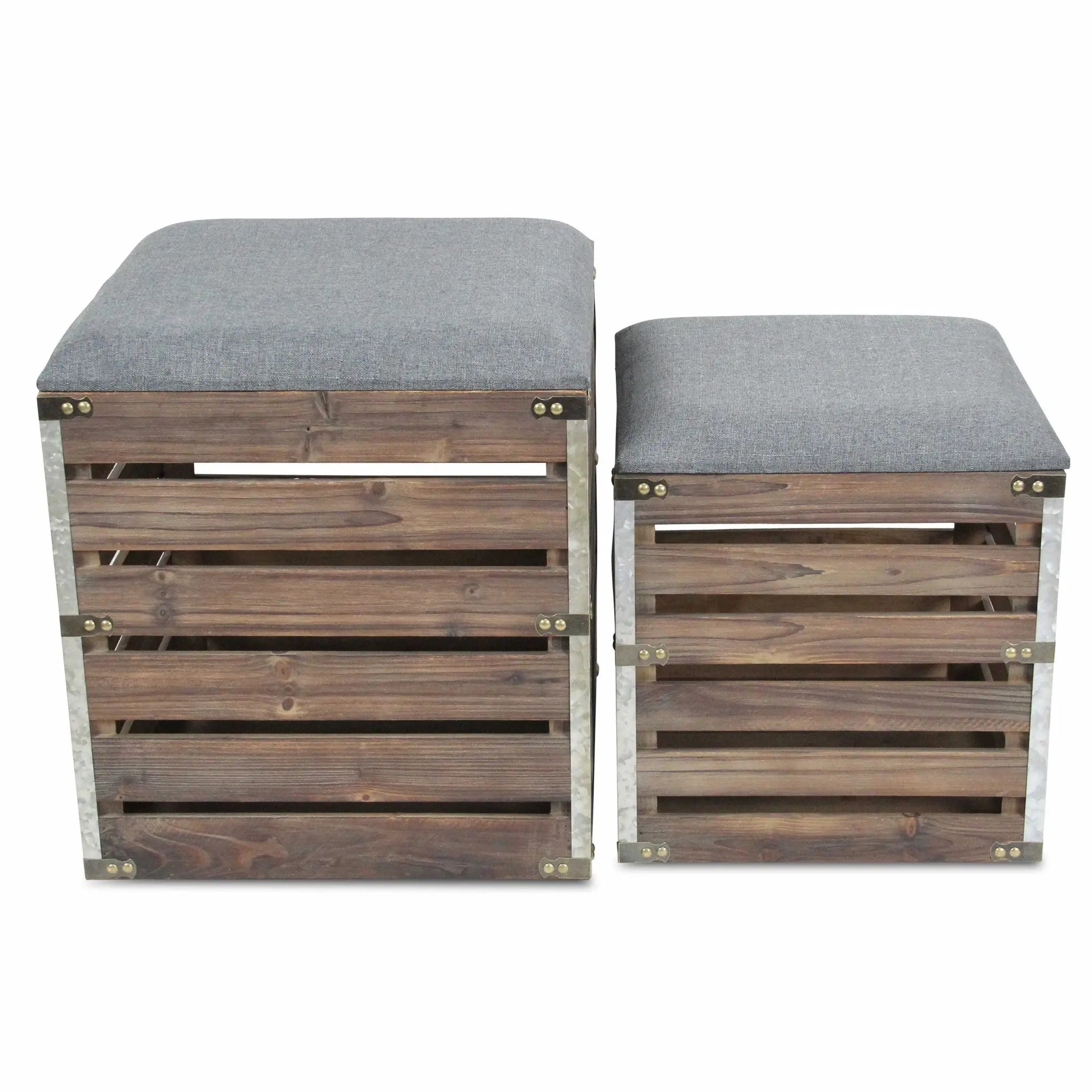 Set Of 2 Square Gray Linen Fabric And Wood Slats Storage Benches Homeroots Living Room