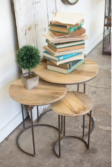 Set Of 3 Nesting Iron Accent Tables With Mango Wood Tops Large 17"D X 18"T   Medium 13.5"D X 16"T  Small 10"D X 14"T Kalalou