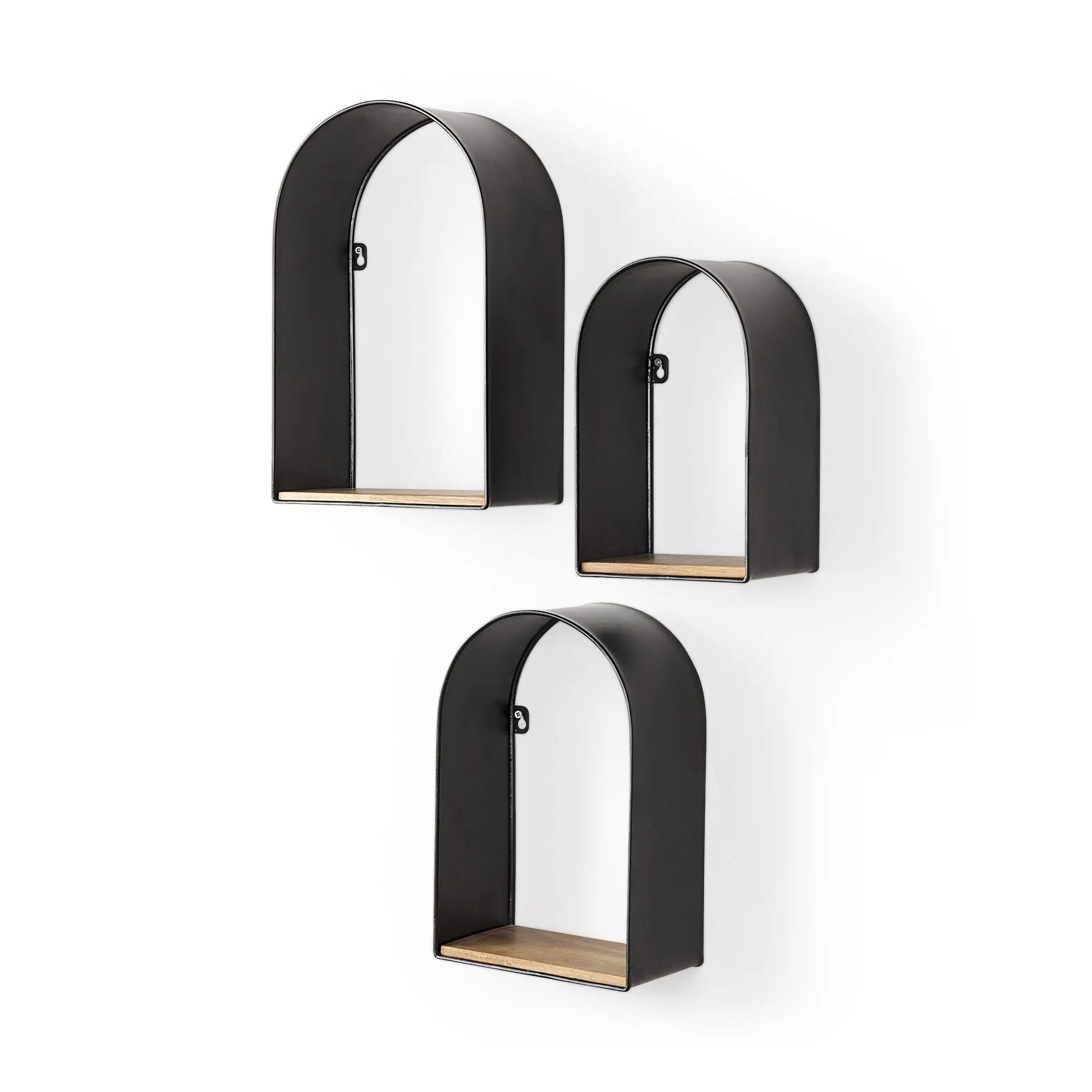 Set Of Three Black And Brown Metal And Solid Wood Arched Wall Mounted Accent Shelf Homeroots Organization
