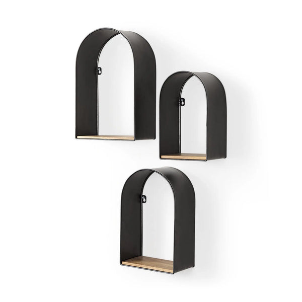 Set Of Three Black And Brown Metal And Solid Wood Arched Wall Mounted Accent Shelf Homeroots Organization