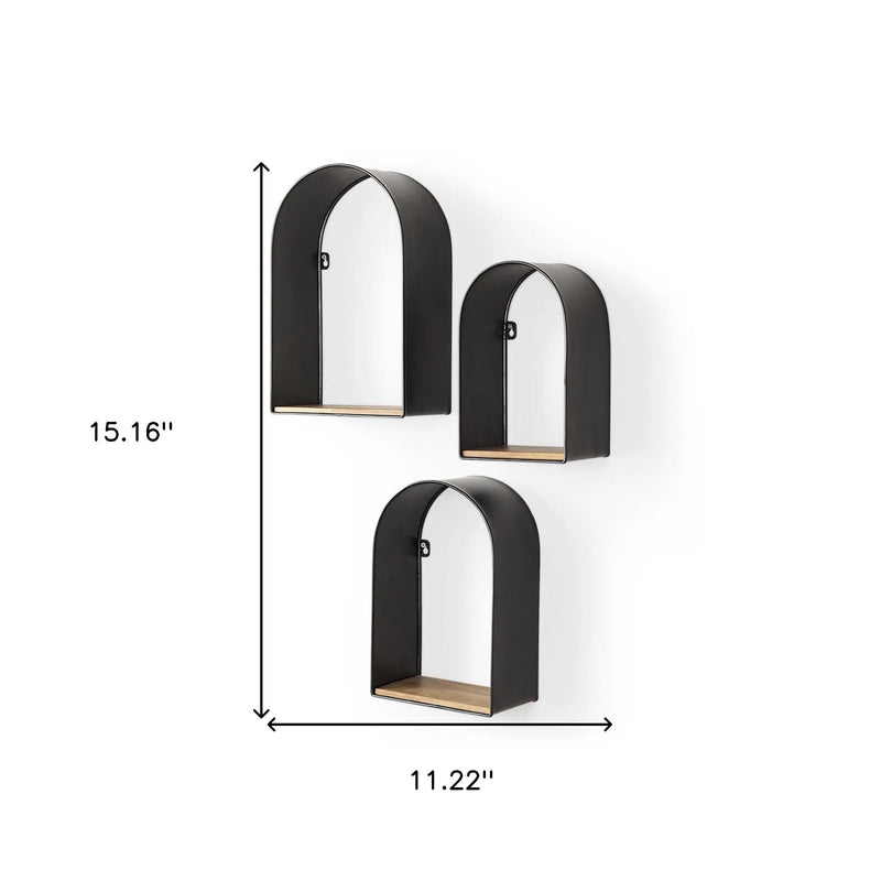 Set Of Three Black And Brown Metal And Solid Wood Arched Wall Mounted Accent Shelf Homeroots Organization