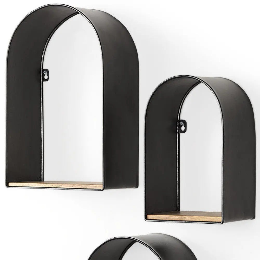 Set Of Three Black And Brown Metal And Solid Wood Arched Wall Mounted Accent Shelf Homeroots Organization