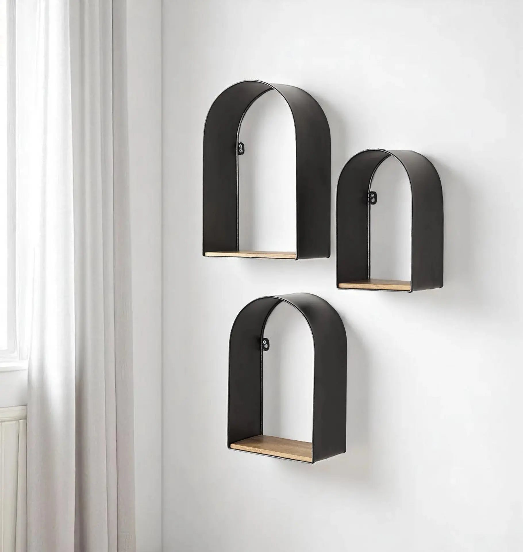 Set Of Three Black And Brown Metal And Solid Wood Arched Wall Mounted Accent Shelf Homeroots Organization