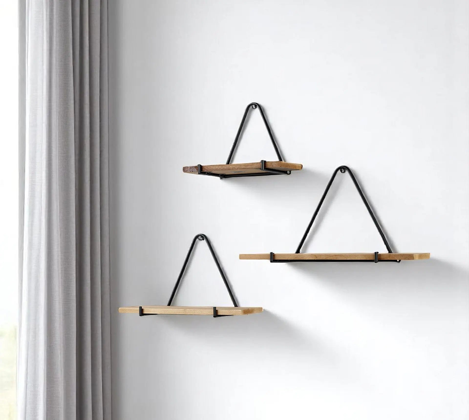 Set Of Three Black And Brown Metal And Solid Wood Triangle Wall Mounted Accent Shelves Homeroots Organization