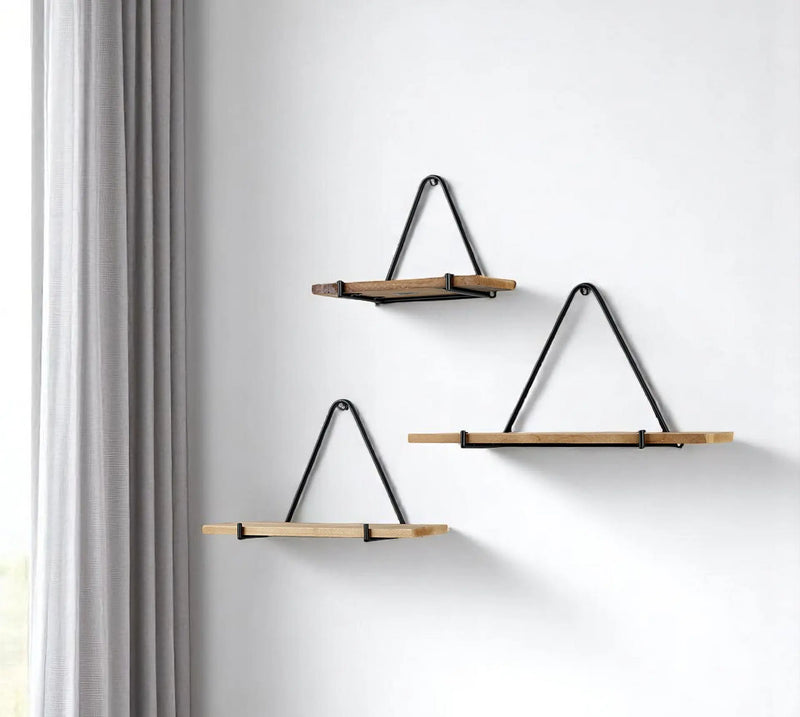 Set Of Three Black And Brown Metal And Solid Wood Triangle Wall Mounted Accent Shelves Homeroots Organization