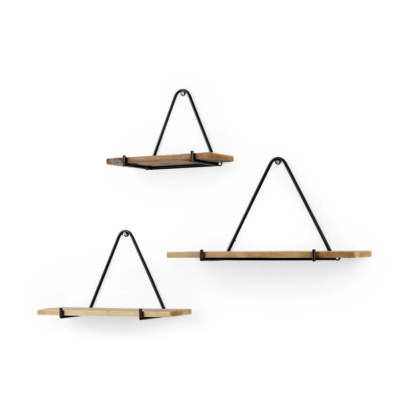 Set Of Three Black And Brown Metal And Solid Wood Triangle Wall Mounted Accent Shelves Homeroots Organization