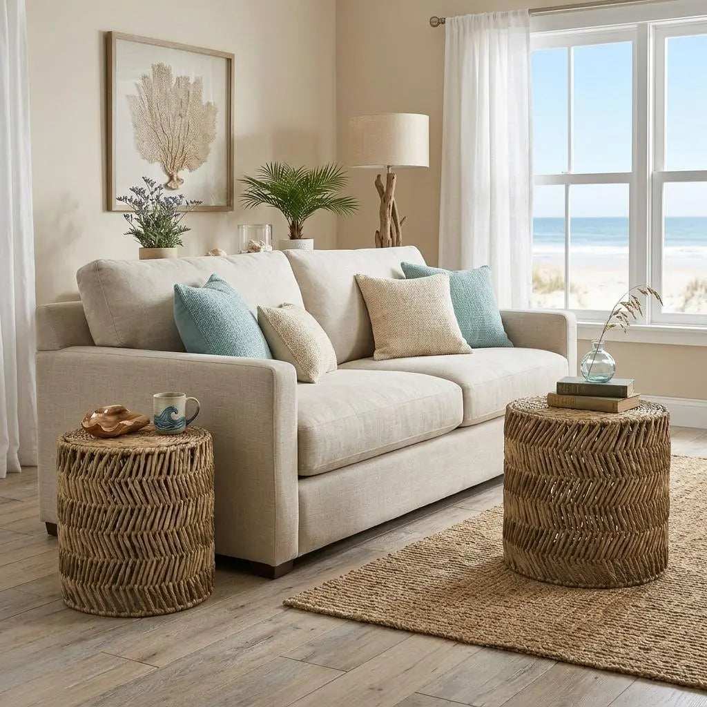 Set Of Two 18" Natural Woven Rattan End Tables Homeroots Living Room
