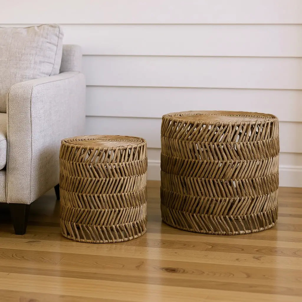 Set Of Two 18" Natural Woven Rattan End Tables Homeroots Living Room
