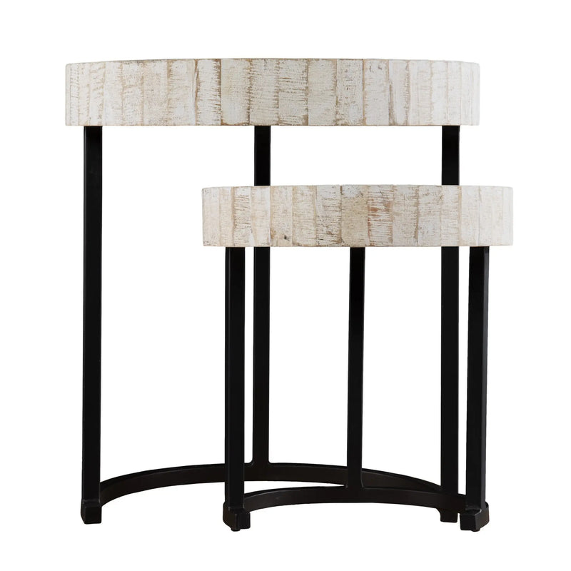 Set Of Two 21" White Solid Wood And Iron Round Nested Tables Homeroots Living Room