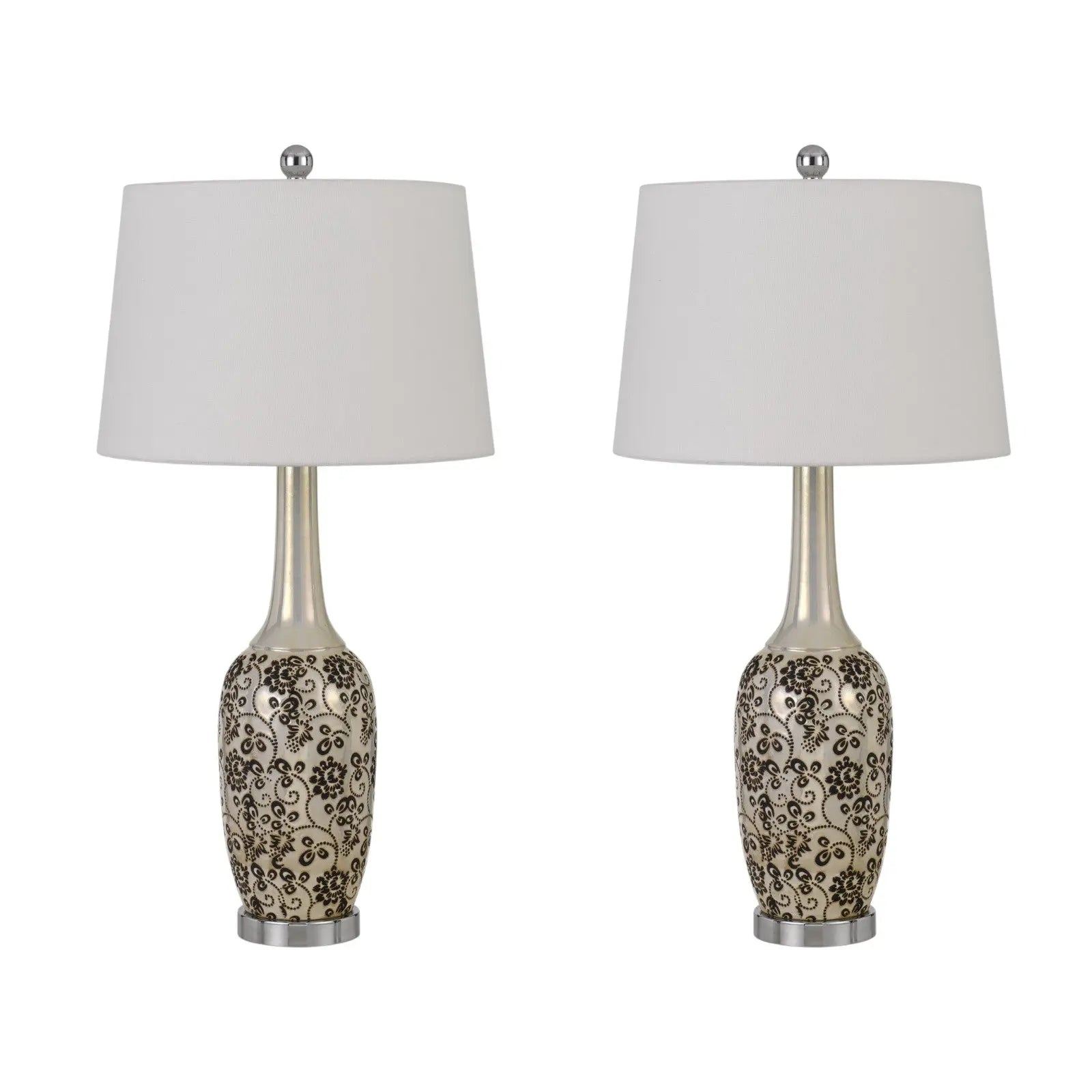 Set Of Two 30" Silver Metal Two Light Bedside Table Lamps With White Globe Shade Homeroots Lighting