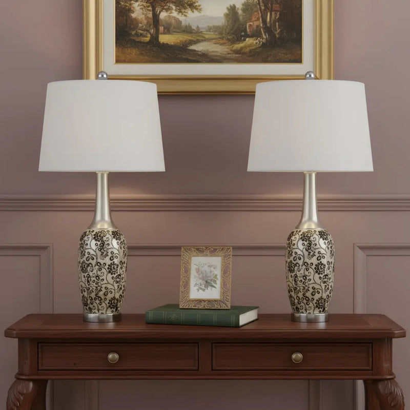 Set Of Two 30" Silver Metal Two Light Bedside Table Lamps With White Globe Shade Homeroots Lighting