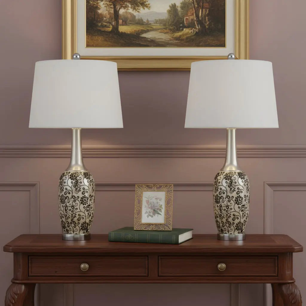 Set Of Two 30" Silver Metal Two Light Bedside Table Lamps With White Globe Shade Homeroots Lighting