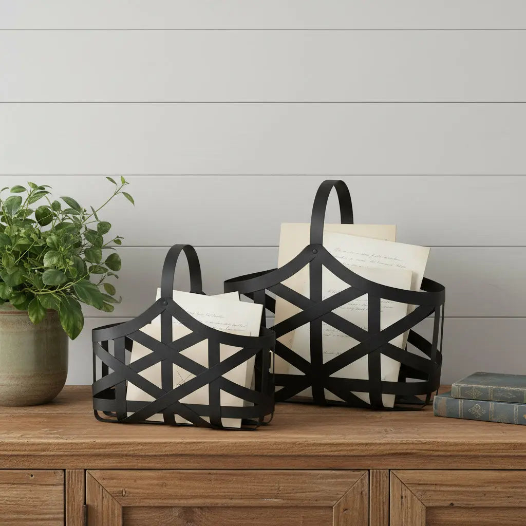 Set Of Two Black Geometric Metal Baskets Homeroots Office