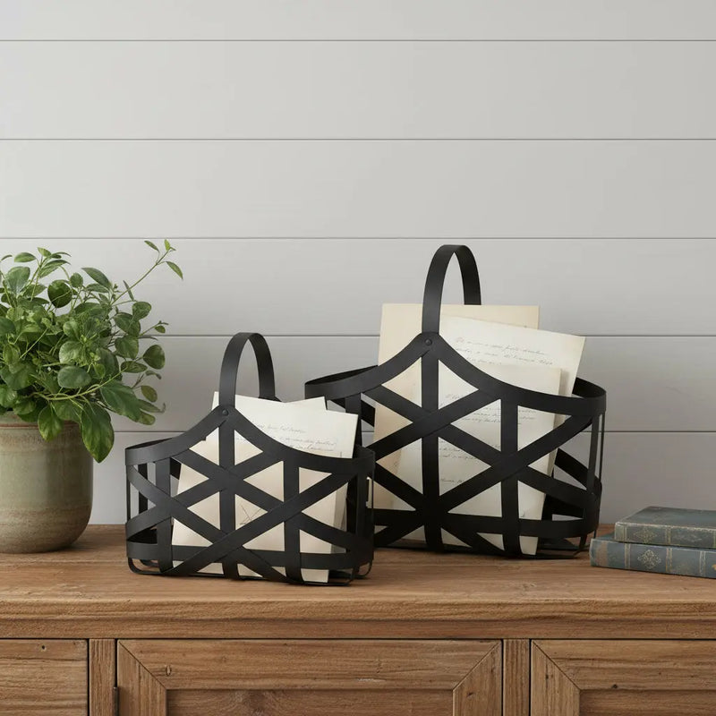 Set Of Two Black Geometric Metal Baskets Homeroots Office