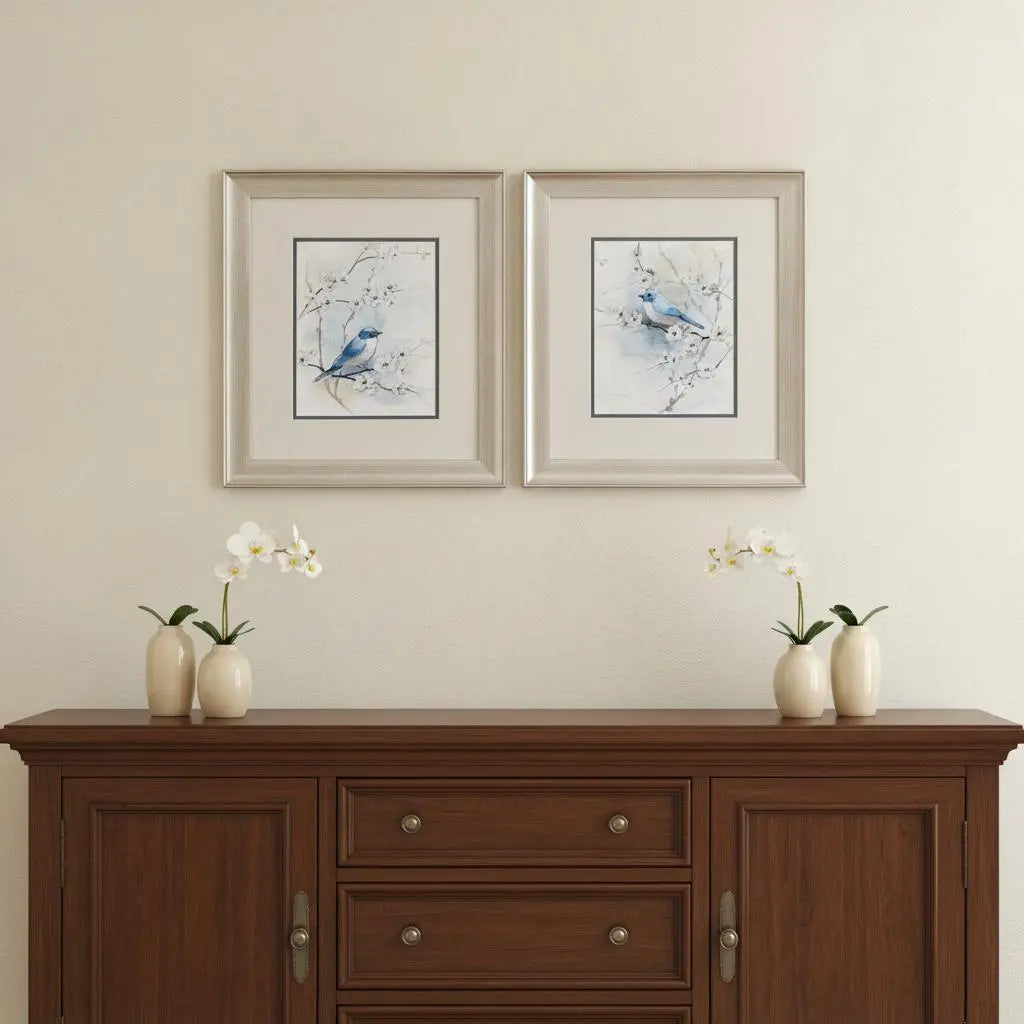 Set Of Two Blossoms And Bluebird Set of Set Silver Framed Wall Art Homeroots Home Decor