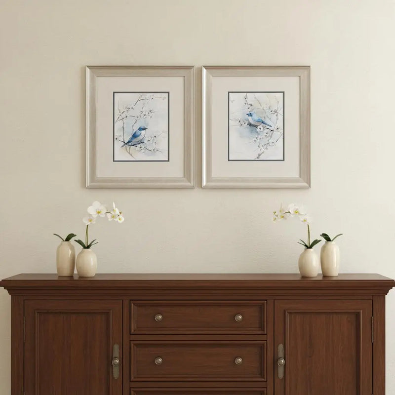 Set Of Two Blossoms And Bluebird Set of Set Silver Framed Wall Art Homeroots Home Decor