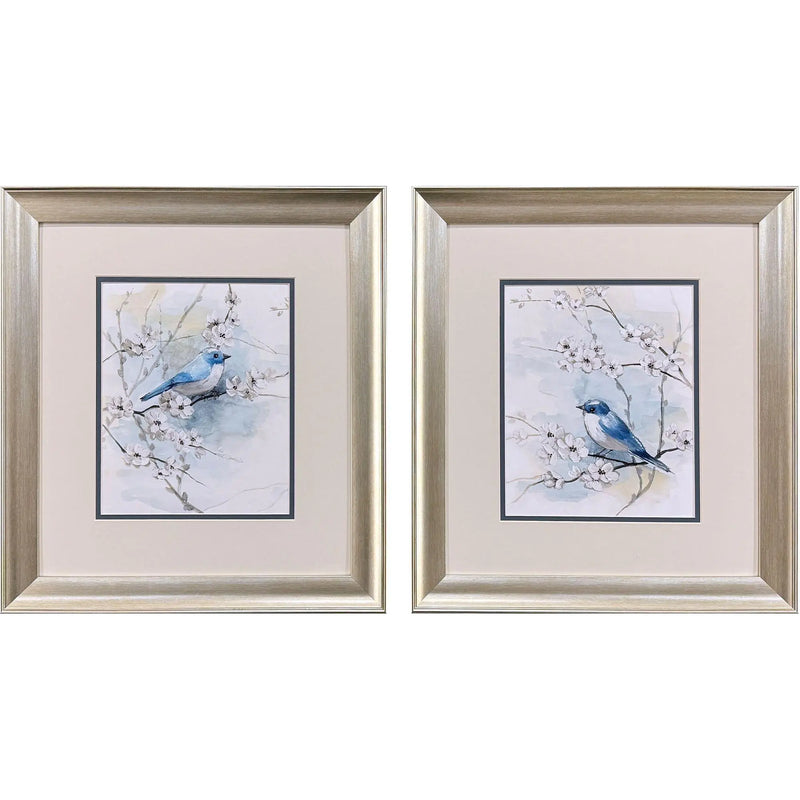 Set Of Two Blossoms And Bluebird Set of Set Silver Framed Wall Art Homeroots Home Decor