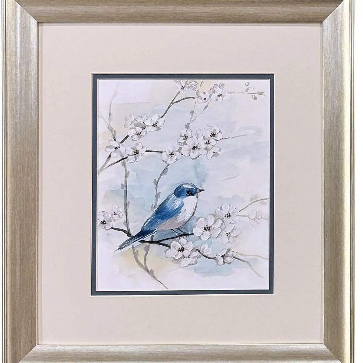 Set Of Two Blossoms And Bluebird Set of Set Silver Framed Wall Art Homeroots Home Decor
