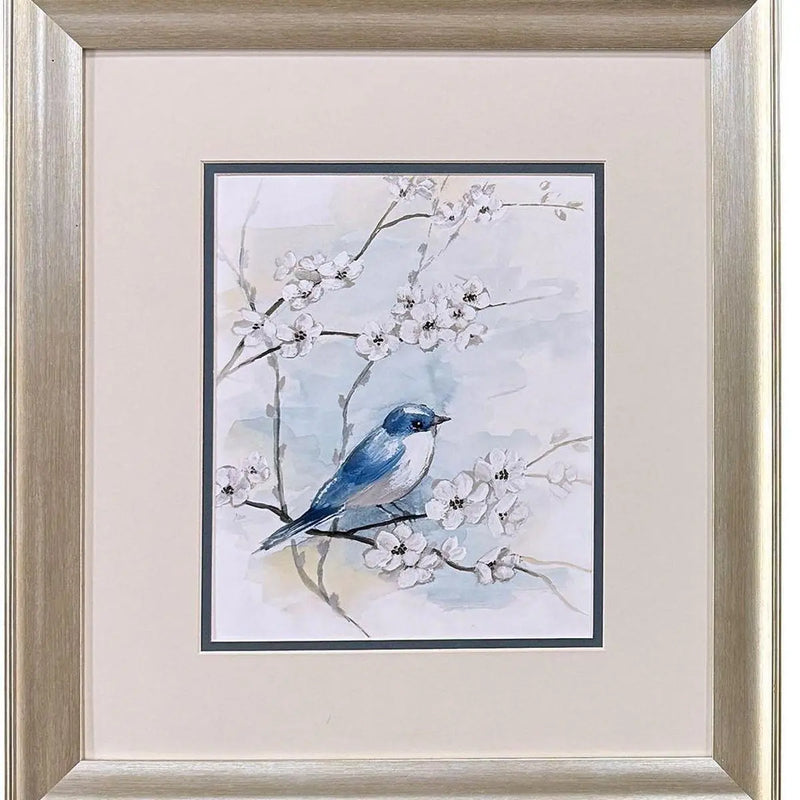 Set Of Two Blossoms And Bluebird Set of Set Silver Framed Wall Art Homeroots Home Decor