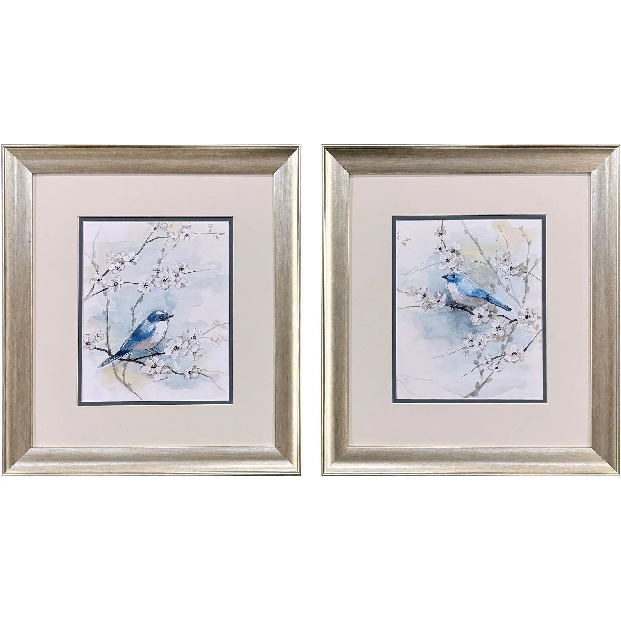 Set Of Two Blossoms And Bluebird Set of Set Silver Framed Wall Art Homeroots Home Decor