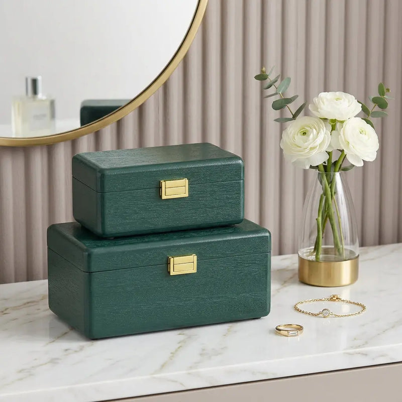 Set Of Two Green Solid Wood Jewelry Boxes Homeroots Organization