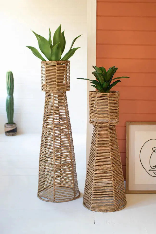 Set Of Two Seagrass And Iron Planter Towers Kalalou