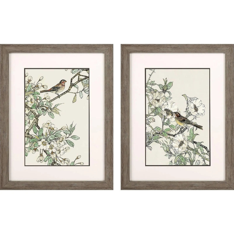 Framed bird art prints in muted colors, featuring delicate floral designs and a rustic wood frame.