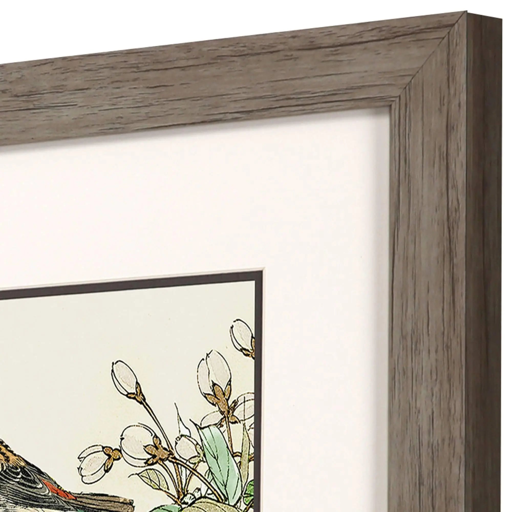 Framed art print featuring a bird and flowers, set in a rustic gray wood frame with a white mat.