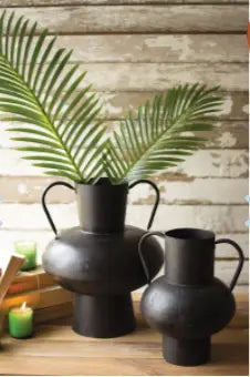 Set Of Two Waxed Black Metal Urns With Handles Kalalou